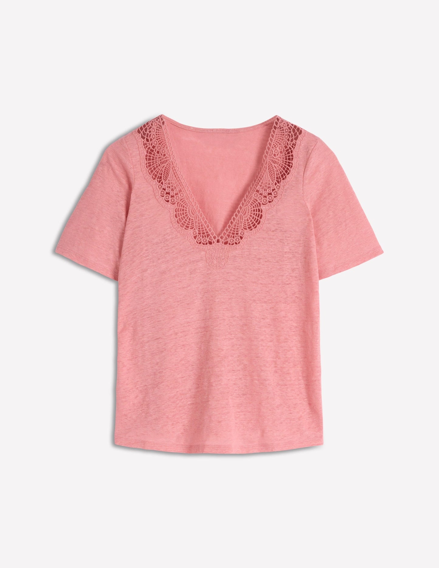 Tara Lace Trim Linen T-shirt-Almond Pink