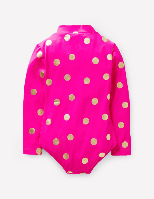 Long-sleeved Swimsuit-Fuchsia Pink, Gold Foil Spot