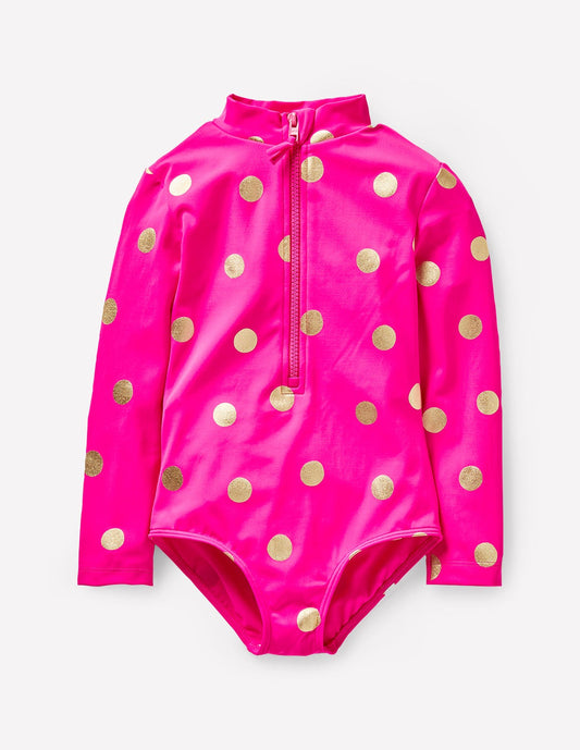 Long-sleeved Swimsuit-Fuchsia Pink, Gold Foil Spot