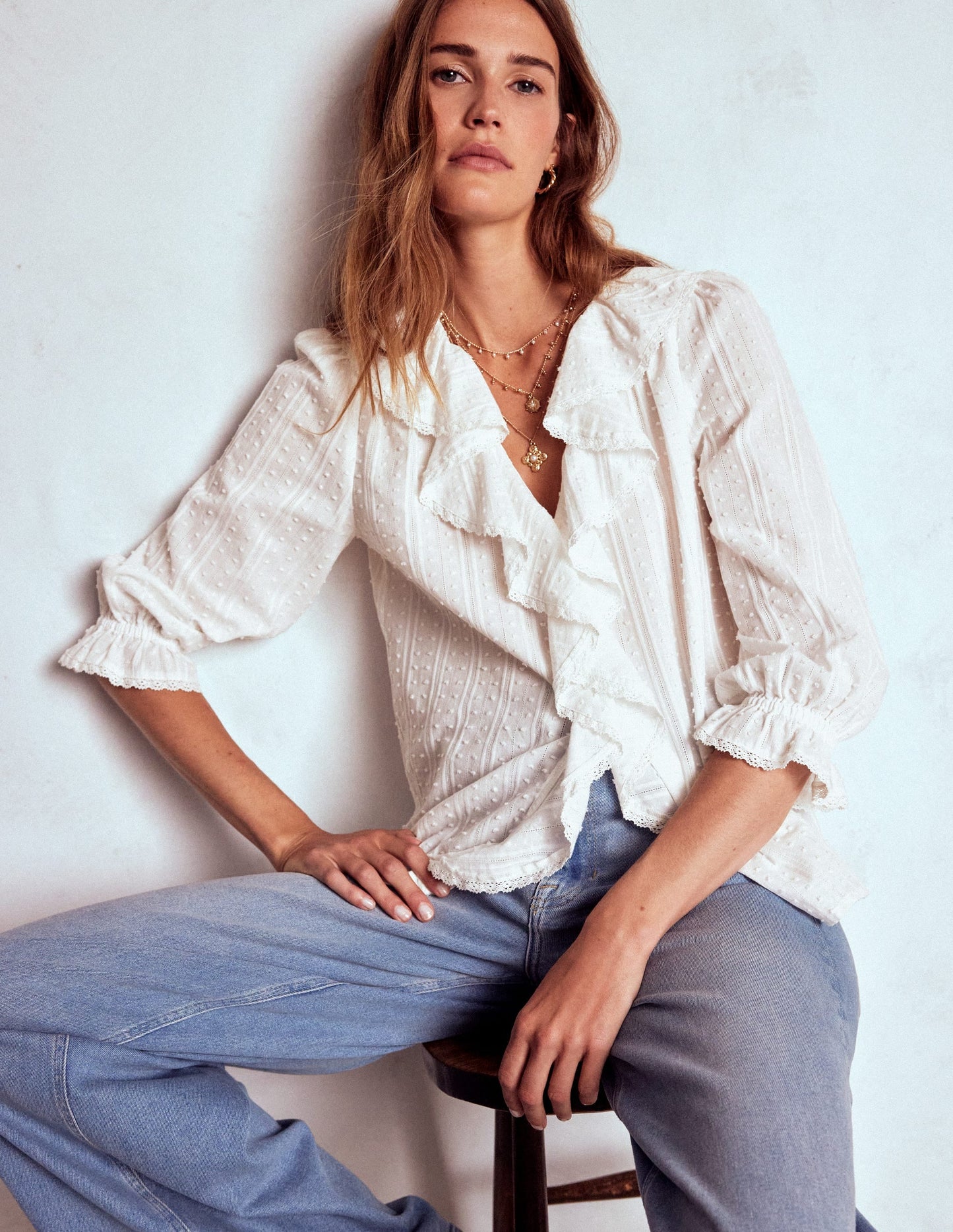 Eliza Ruffle V-Neck Blouse-White