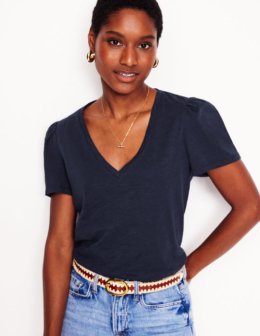 Sophie V-neck Slub T-shirt-Navy