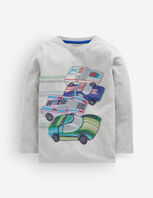 Superstitch Long Sleeve Top-Grey Marl Racing Cars