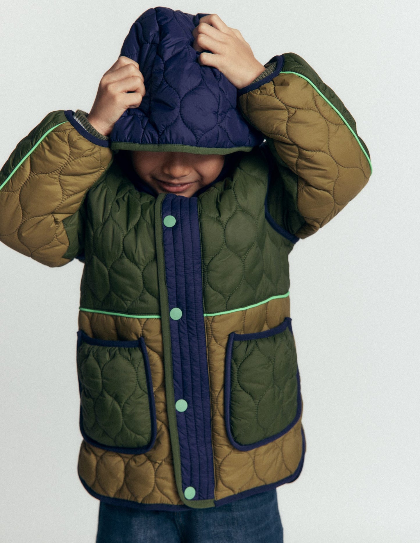 Quilted Coat-Khaki Colourblock