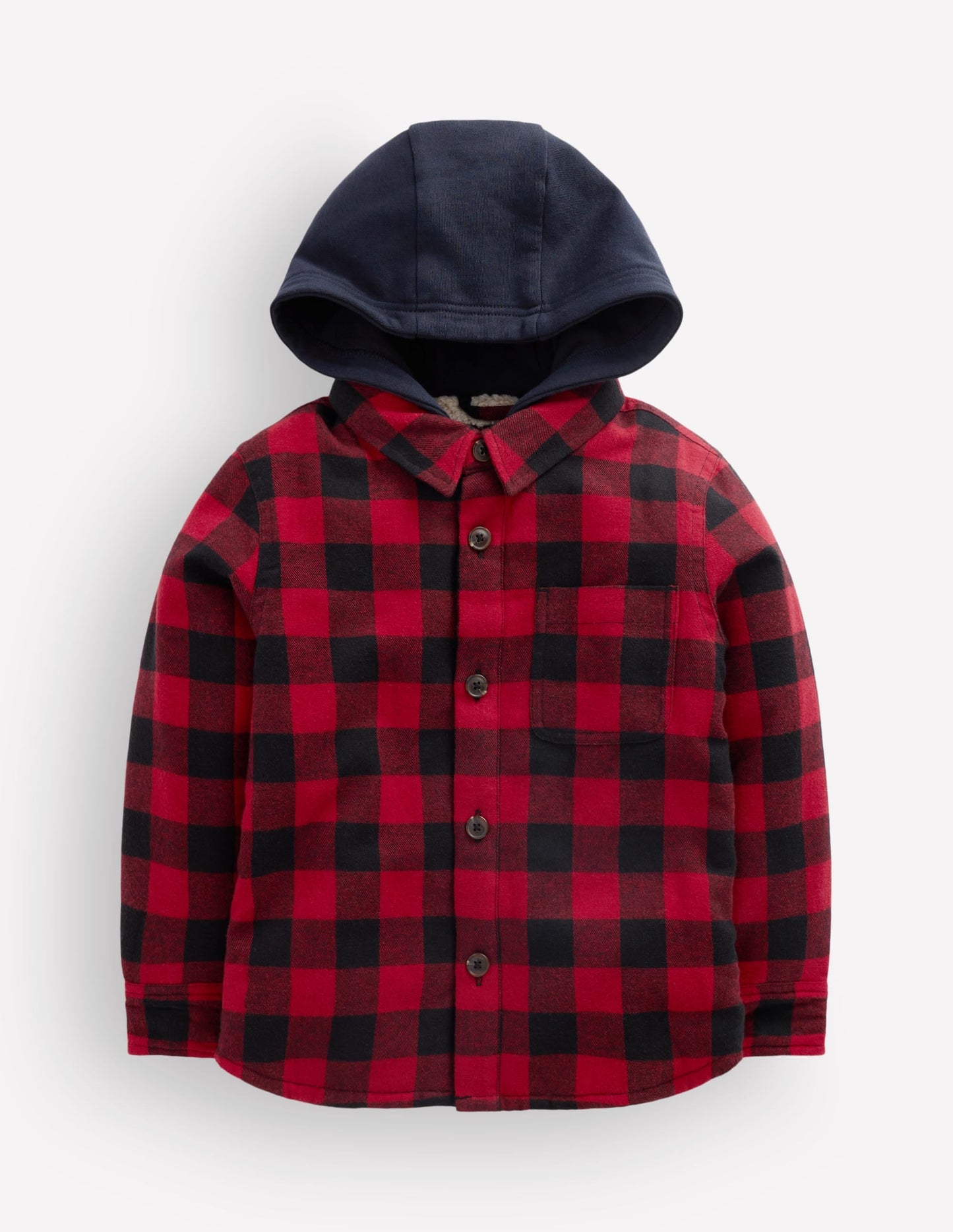 Borg Lined Hooded Shirt-Red/Blue Gingham