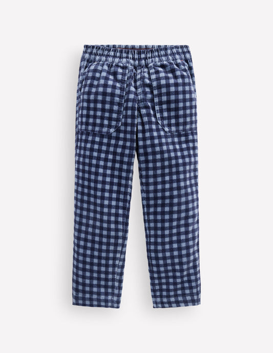 Pull-on Cord Trousers-Faded Denim Gingham