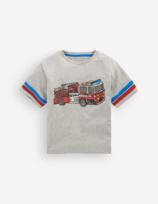Colour Block Printed T-shirt-Grey Marl Firetruck