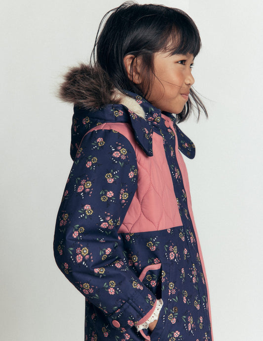 Joni Quilted Parka Coat-Navy Floral