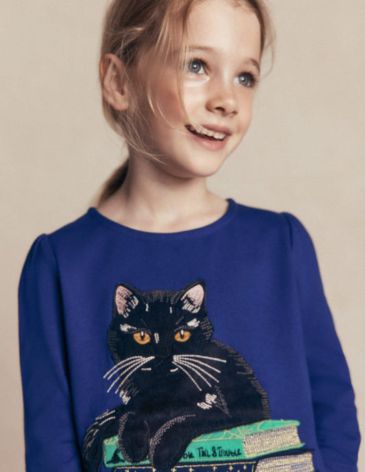 Puff Sleeve Appliqué  T-shirt-Bright Blue Cat