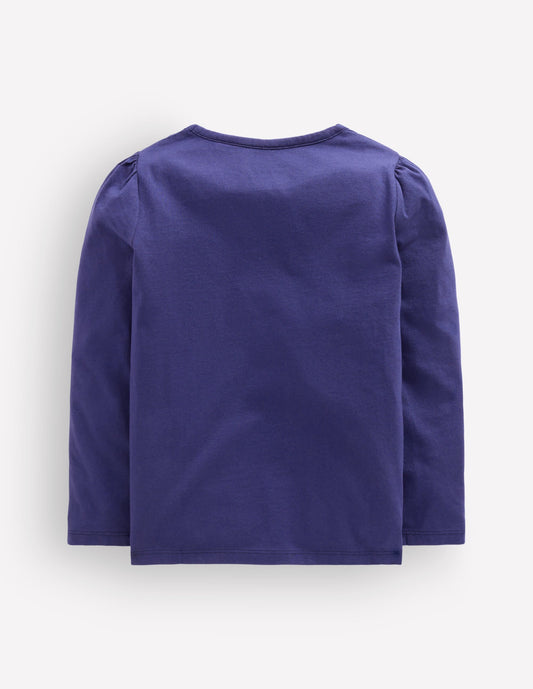 Puff Sleeve Appliqué  T-shirt-College Navy Horses