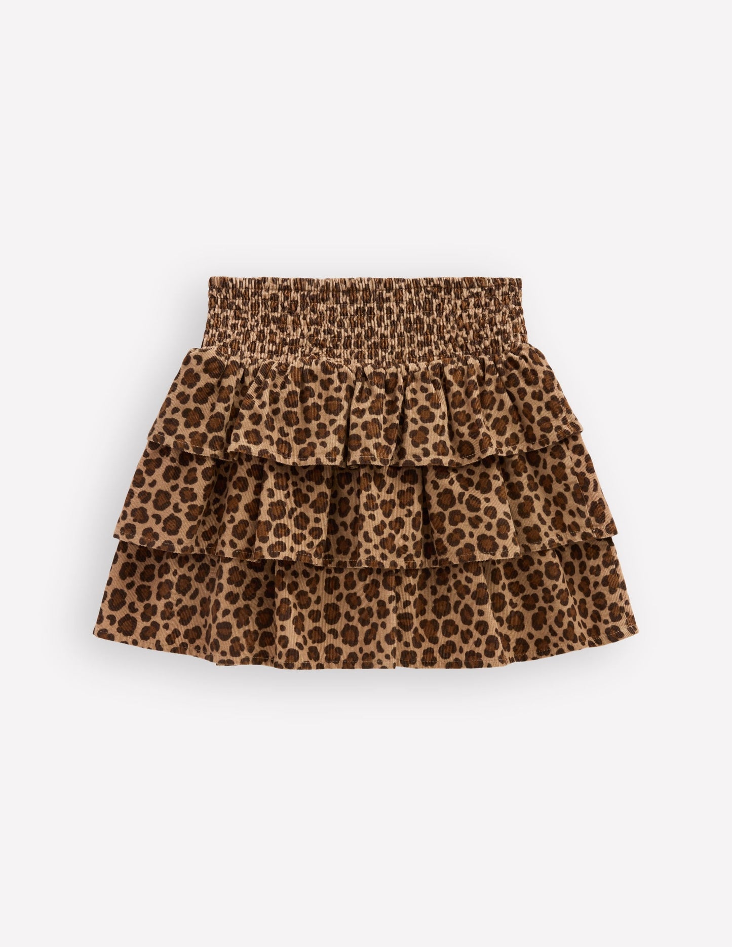 Smocked Waist Ruffle Skirt-Brown Leopard Cord