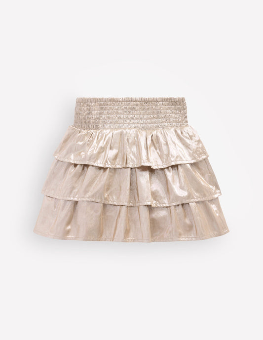 Smocked Waist Ruffle Skirt-Gold Metallic