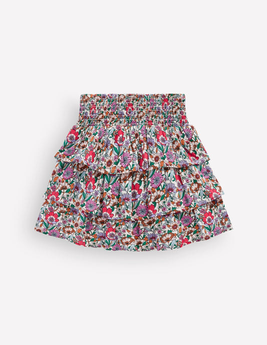 Smocked Waist Ruffle Skirt-Soft Cream Floral Field