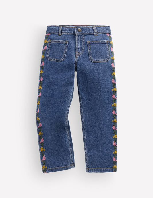 Patch Pocket Straight Jeans-Denim Embroidery