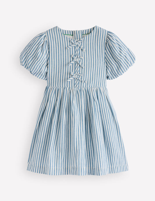 Bow Front Woven Dress-Blue Stripe