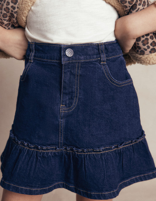 Frill Hem Denim Skirt-Dark Wash