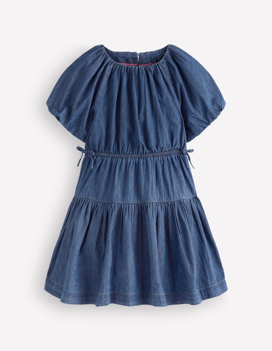 Bow Waist Woven Dress-Mid Vintage Denim