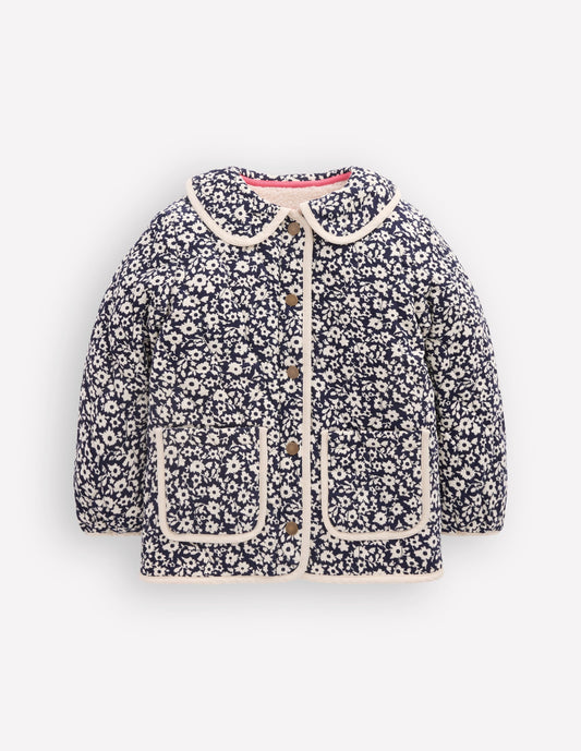 Quilted Cord Jacket-Navy Floral Print