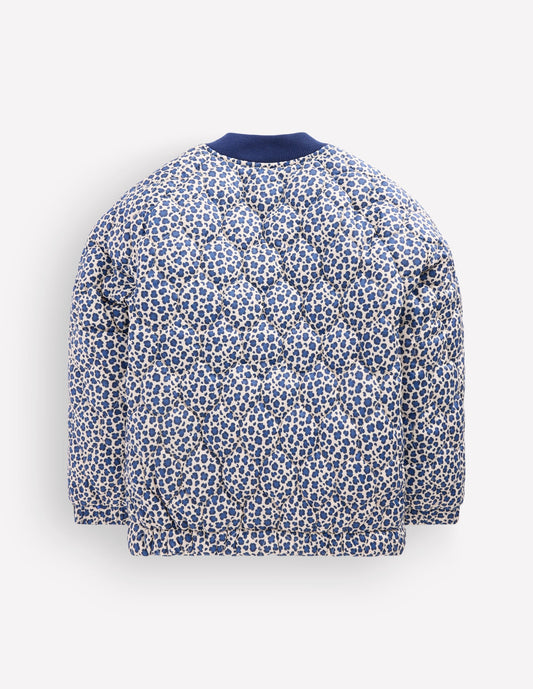 Quilted Bomber Jacket-Calico White/ Blue Leopard
