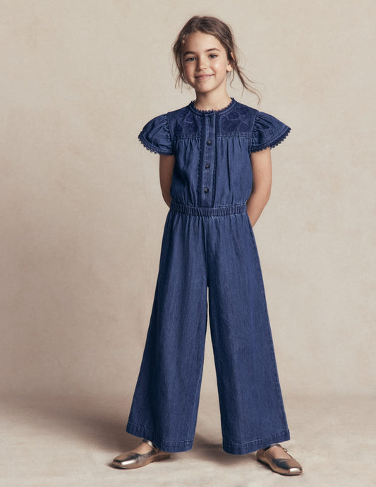 Flutter Sleeve Denim Jumpsuit-Mid Vintage