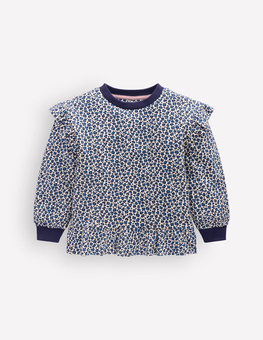 Pretty Frill Sweatshirt-Calico White/ Blue Leopard
