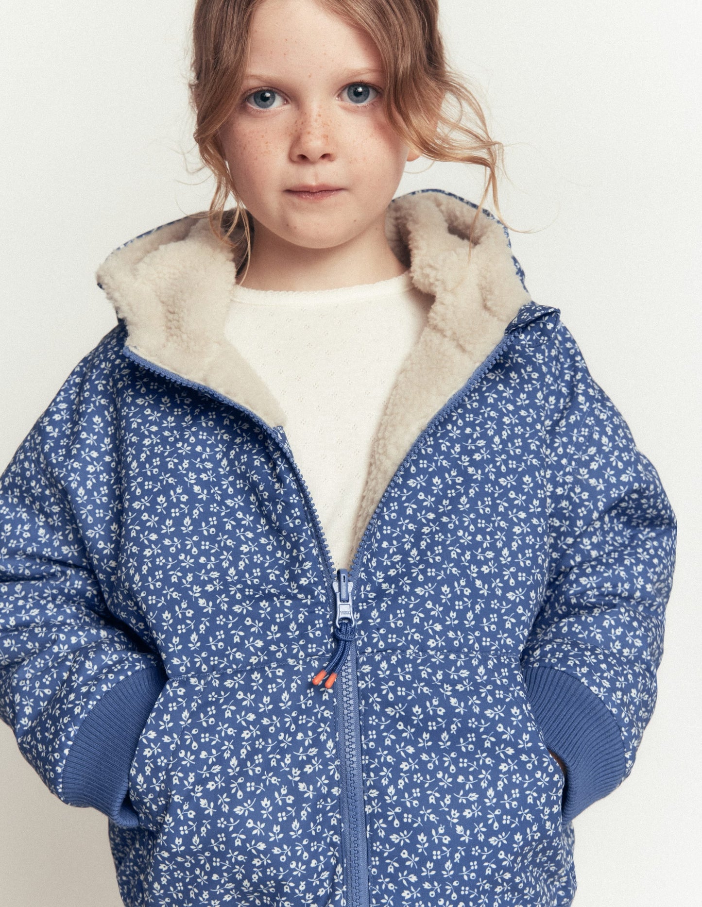 Reversible Borg Hooded Bomber-Bluejay Ditsy Floral