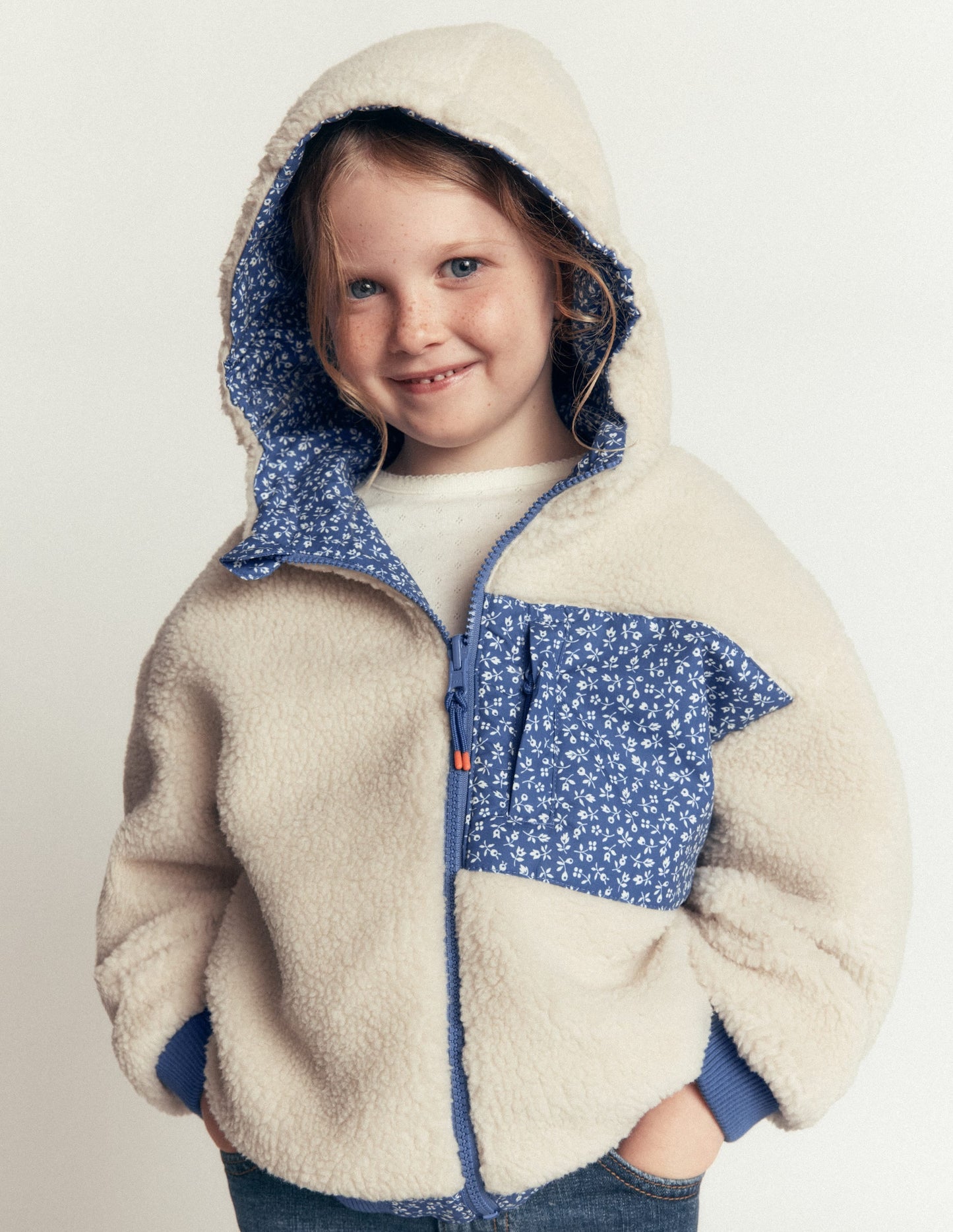 Reversible Borg Hooded Bomber-Bluejay Ditsy Floral