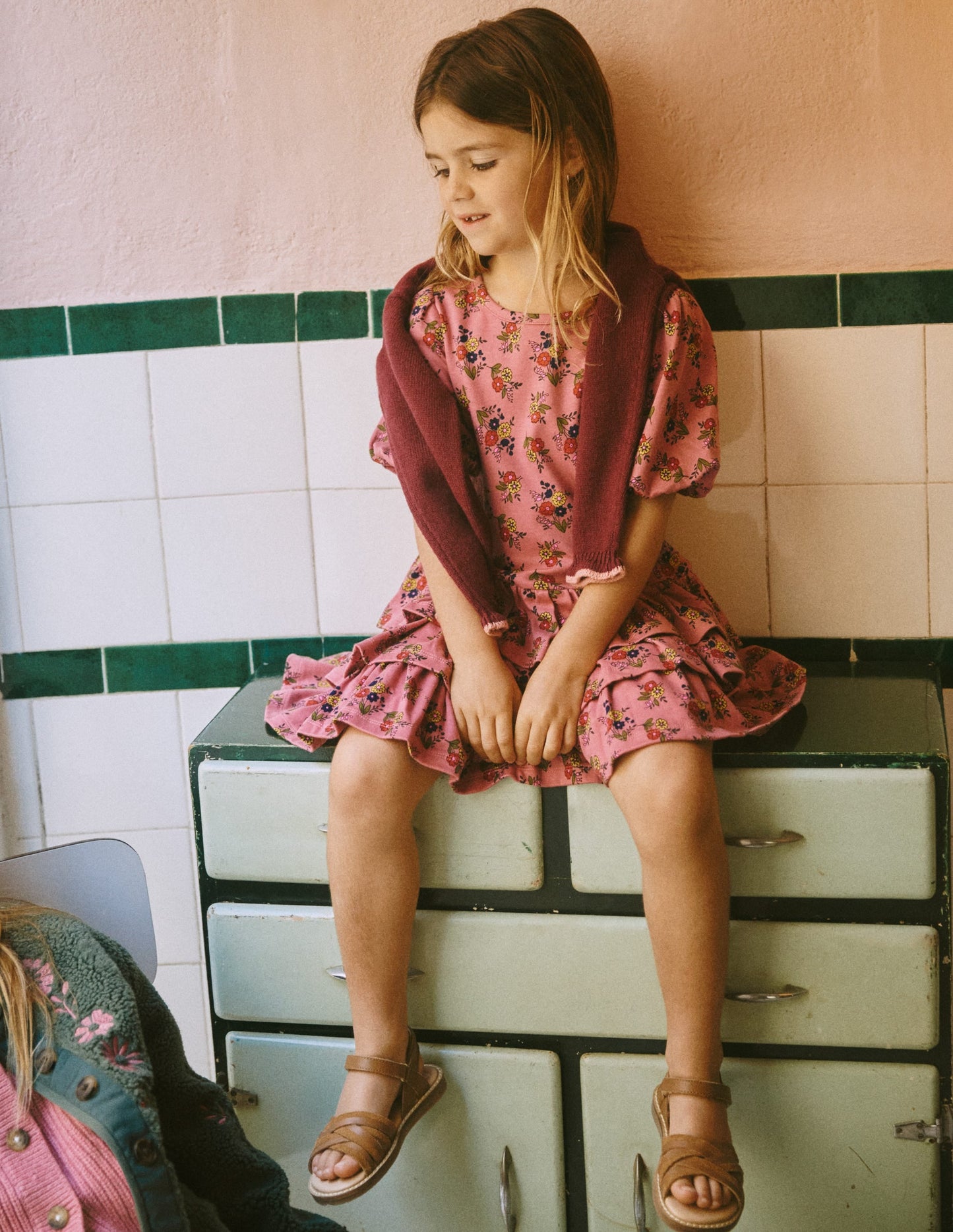 Ruffle Skirt Jersey Dress-Formica Pink Floral Bunches