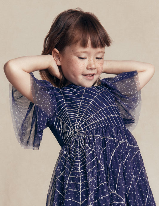 Appliqué Tulle Dress-College Navy Spiders Web