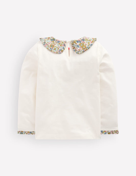 Collared Breton Jersey Top-Ivory and Blue Floral