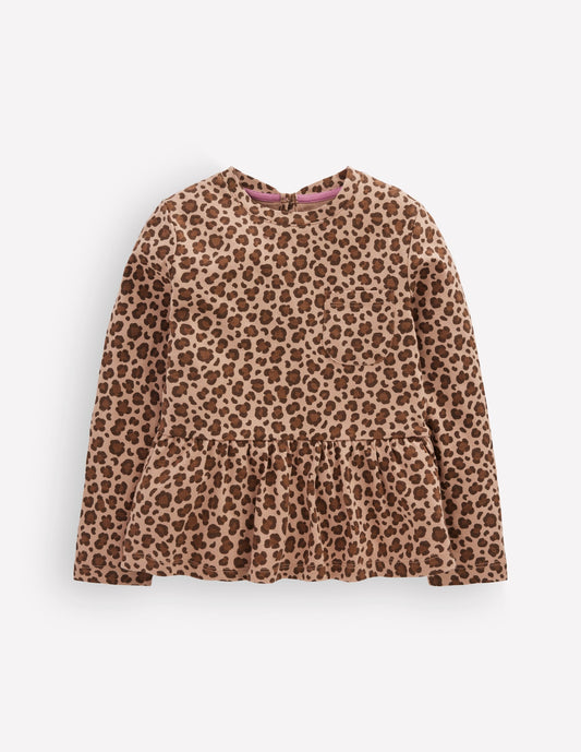 Long Sleeve Peplum Top-Brown Leopard