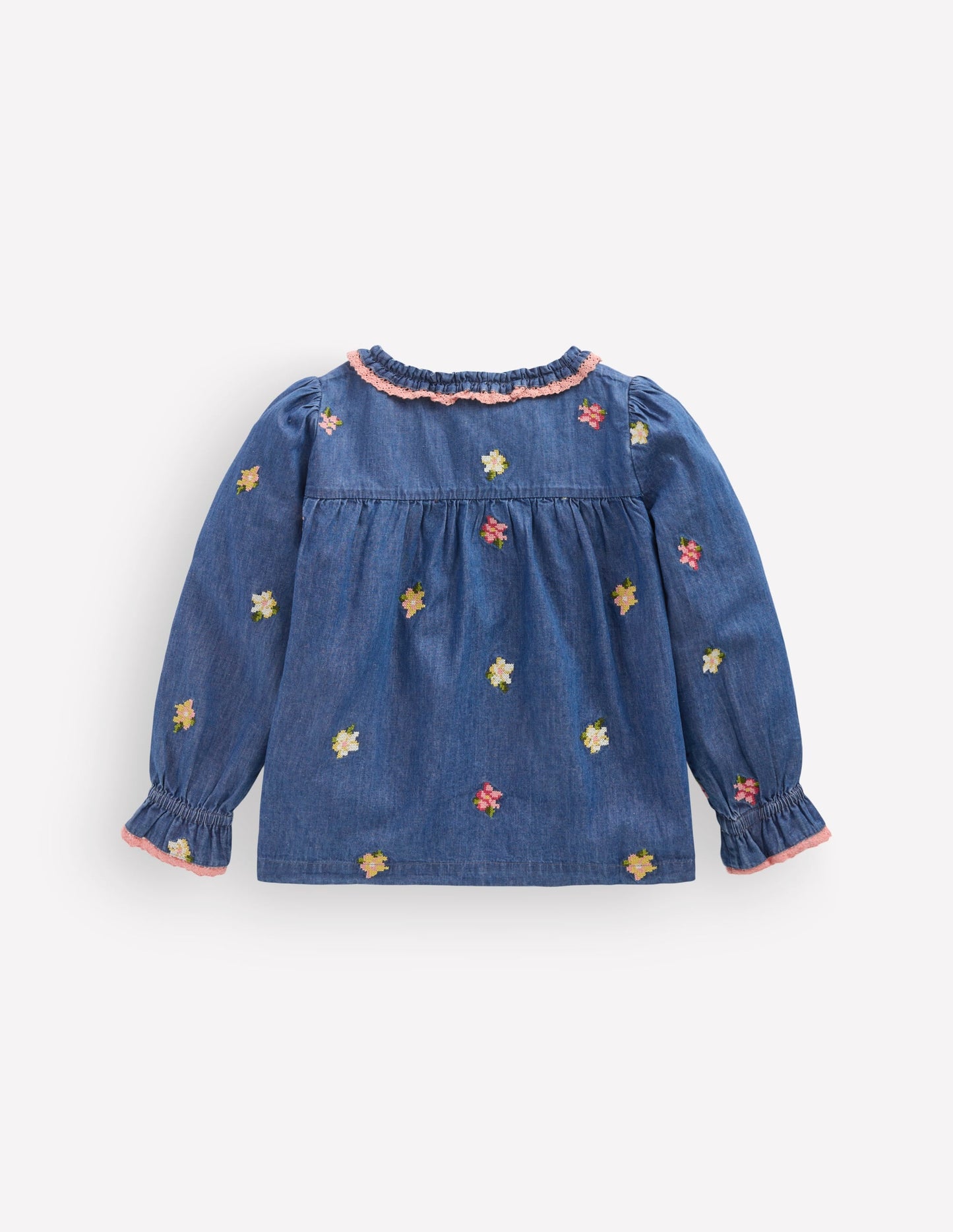 Frill Button Through Top-Chambray Embroidery