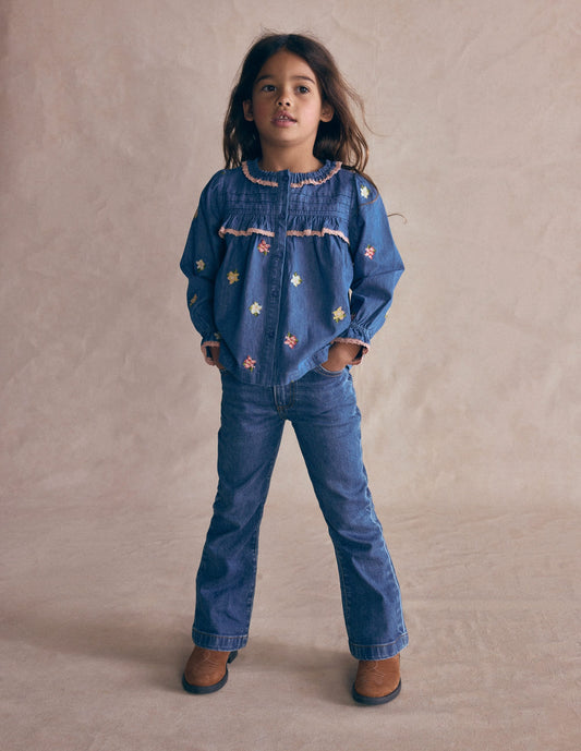 Frill Button Through Top-Chambray Embroidery