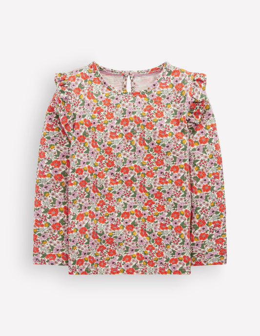 Frill Sleeve Slub Top-Soft Cream Garden Flowerbed