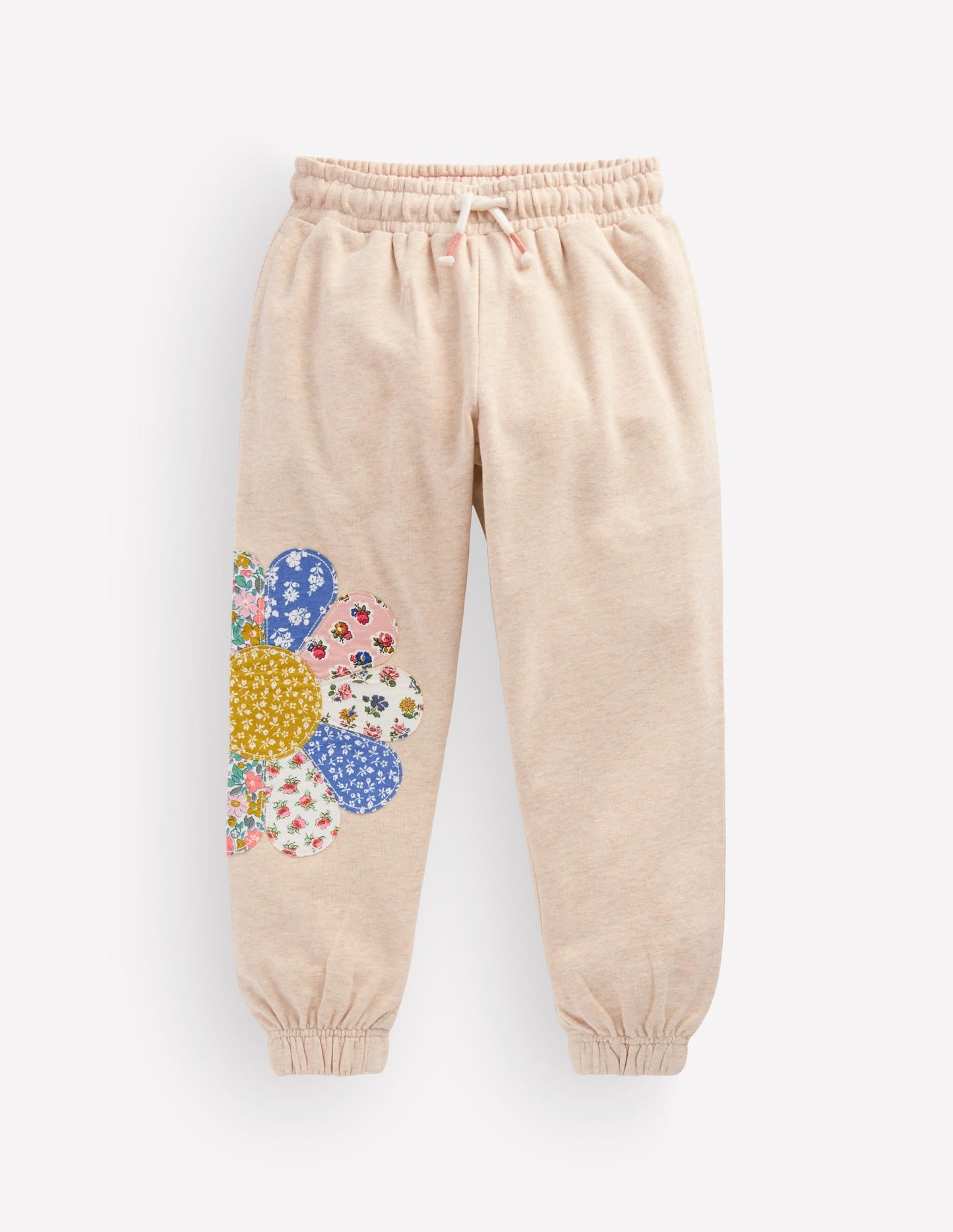 Appliqué Cuffed Joggers-Oatmeal Patchwork Flower