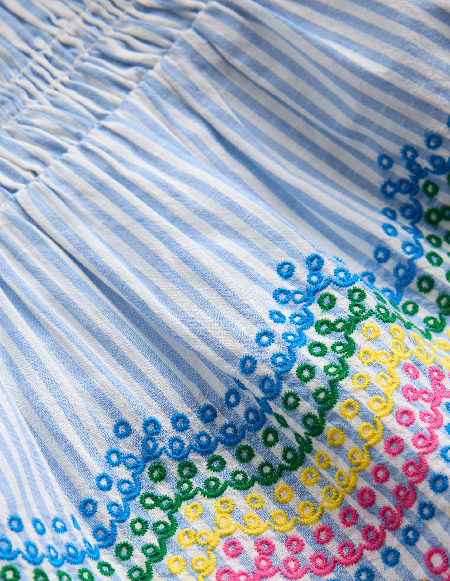 Embroidered Shirred Top-Ticking Rainbows