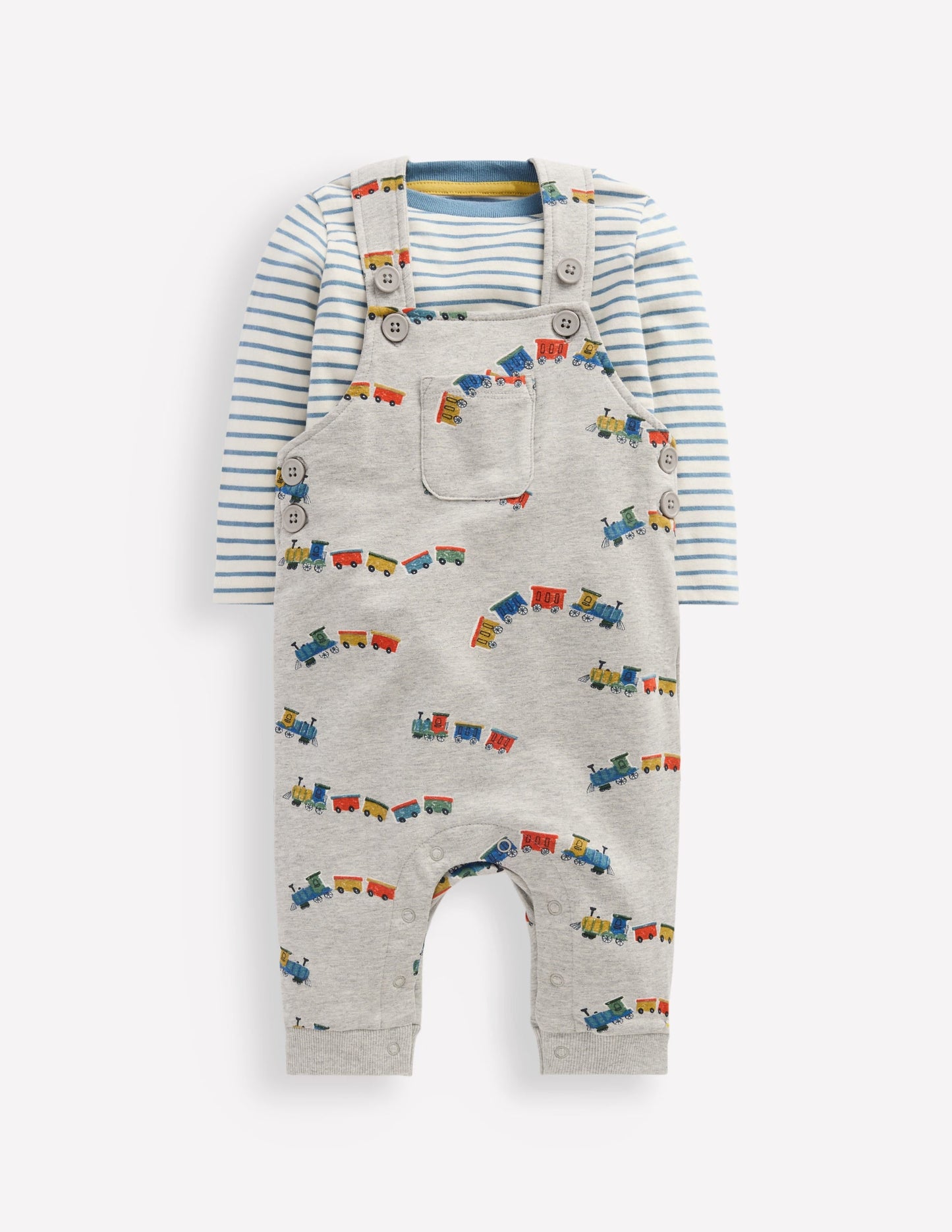 Jersey Dungarees Set-Grey Marl Trains