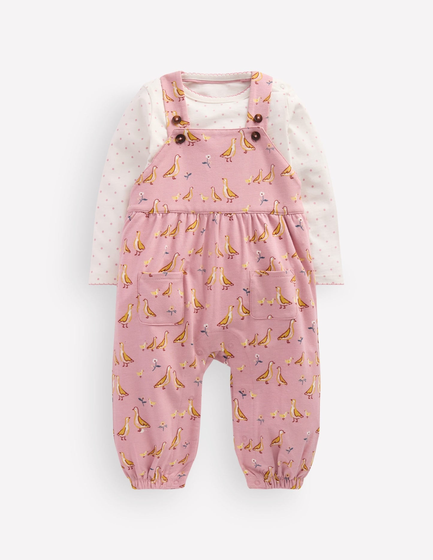 Jersey Dungarees Set-Pink Ducks