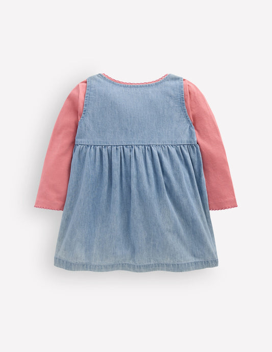 Embroidered Pinny Dress Set-Embroidered Chambray