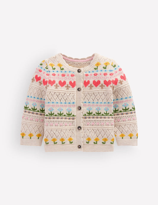 Cotton Fair Isle Cardigan-Oatmeal Marl Multi Flowers