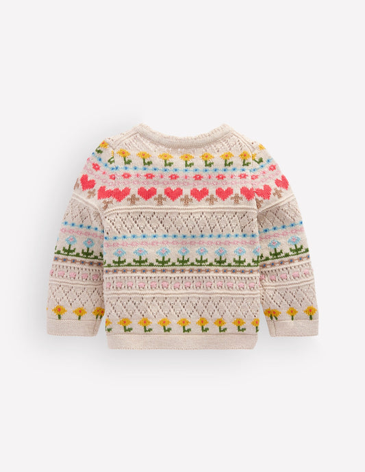 Cotton Fair Isle Cardigan-Oatmeal Marl Multi Flowers