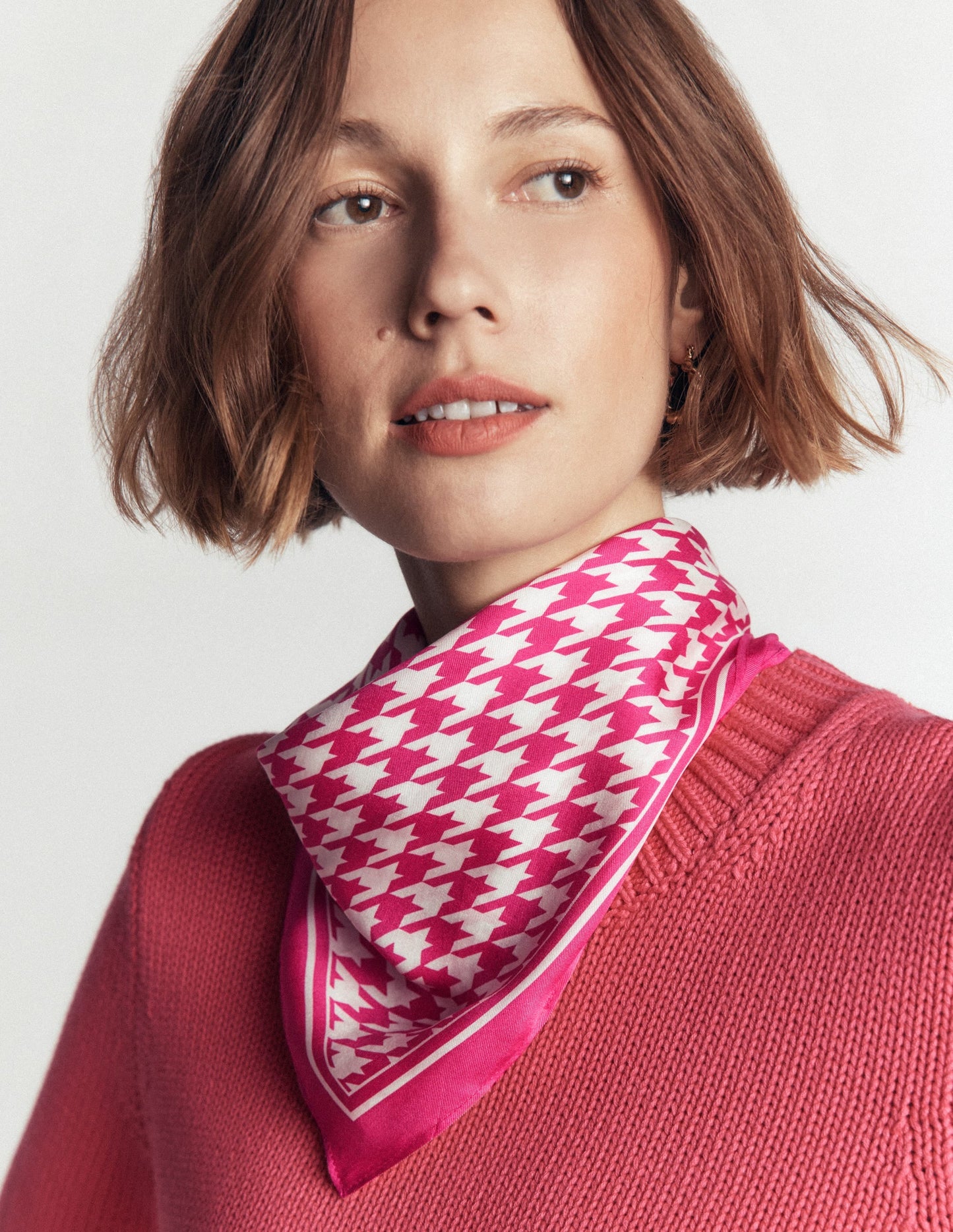 Elisabeth Silk Square Scarf-Pink Peony, Houndstooth
