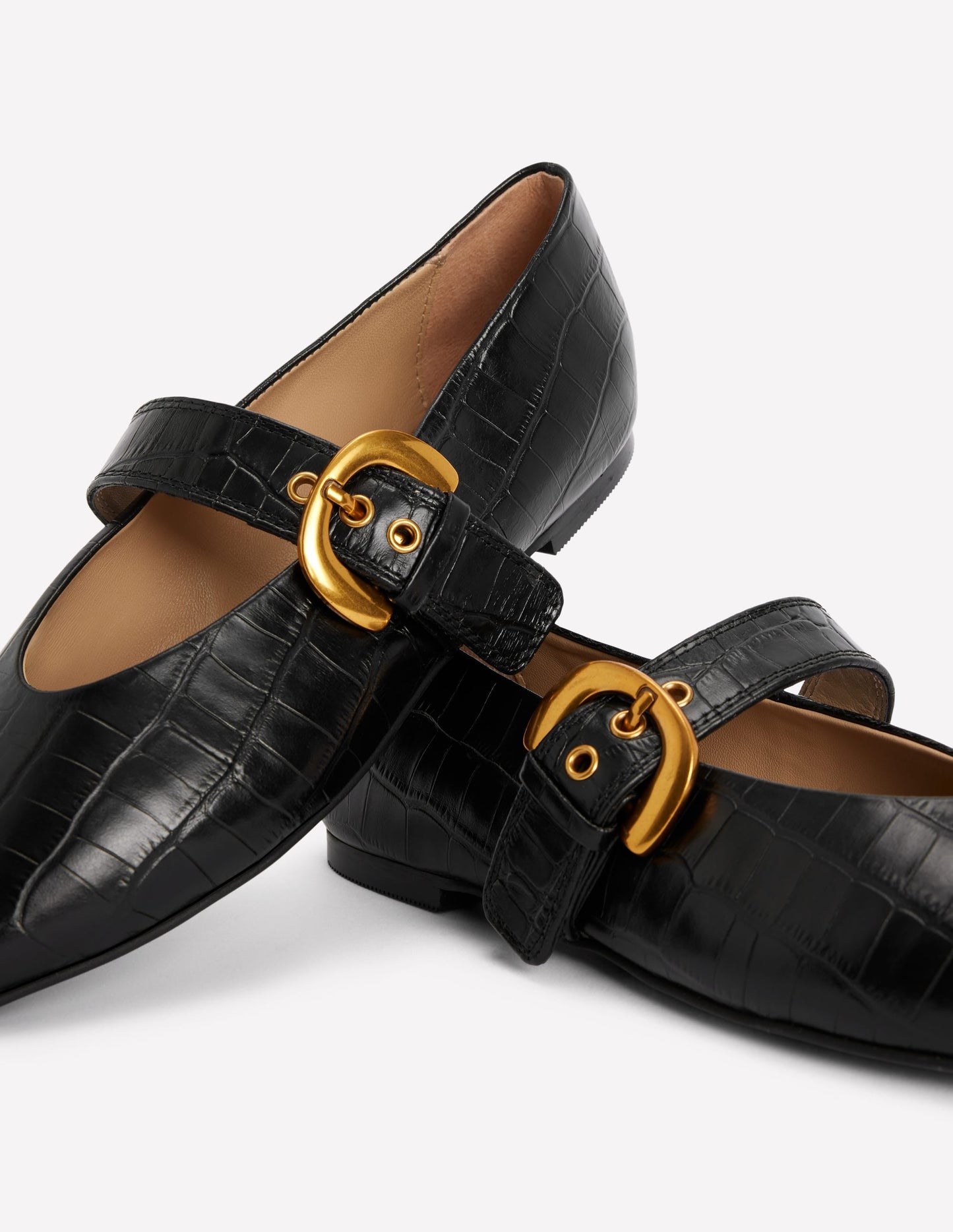 Kylie Flat Buckle Mary Janes-Black Croc Embossed