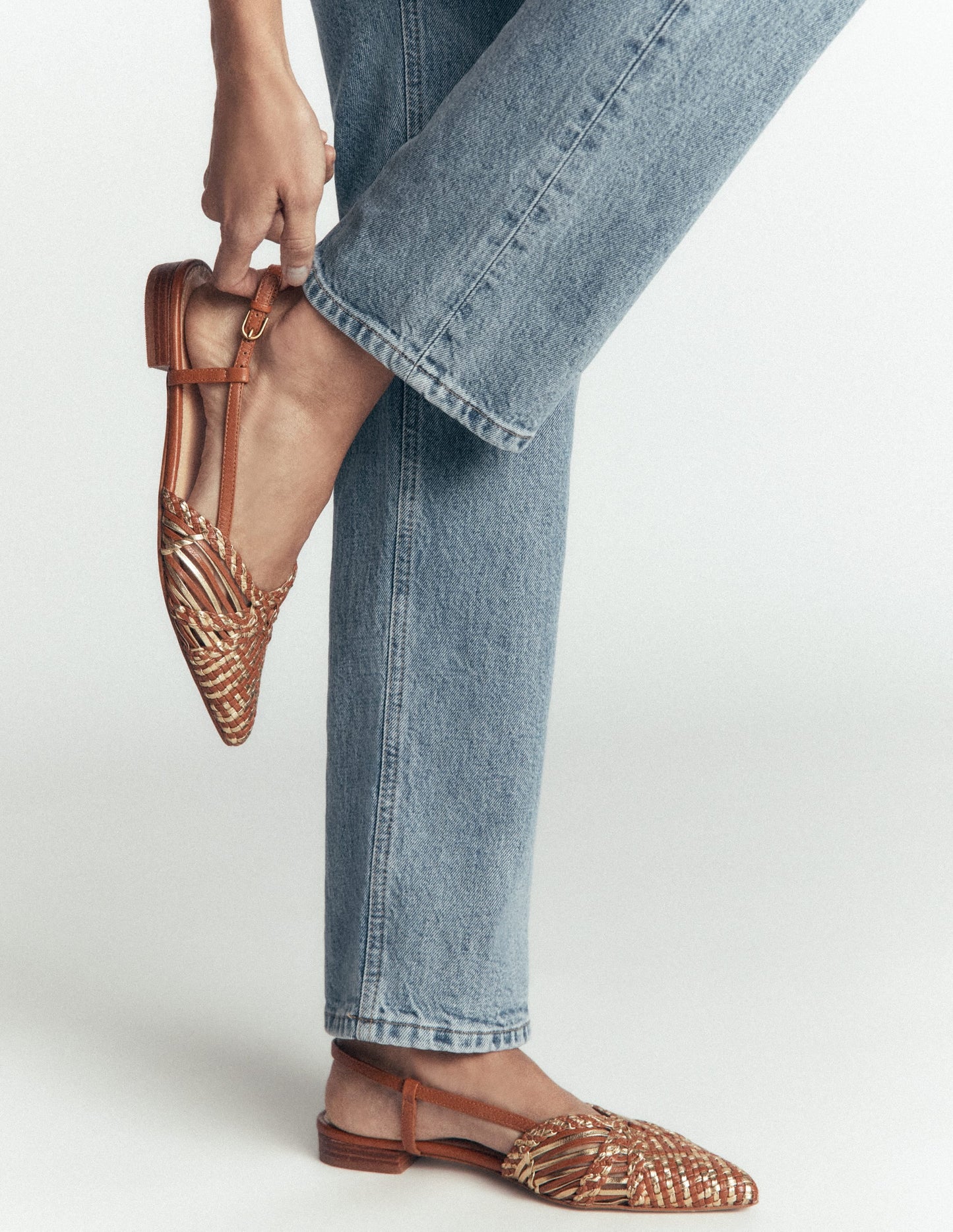 Woven Detail Pointed Flats-Tan/ Gold