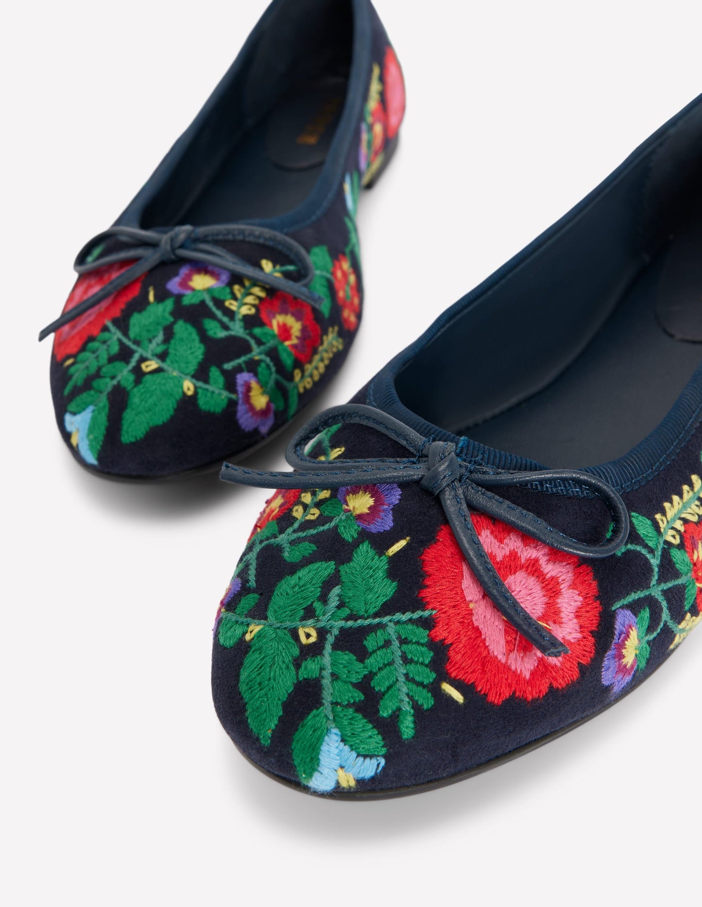 Patti Round Toe Ballet Flats-Navy Embroidered