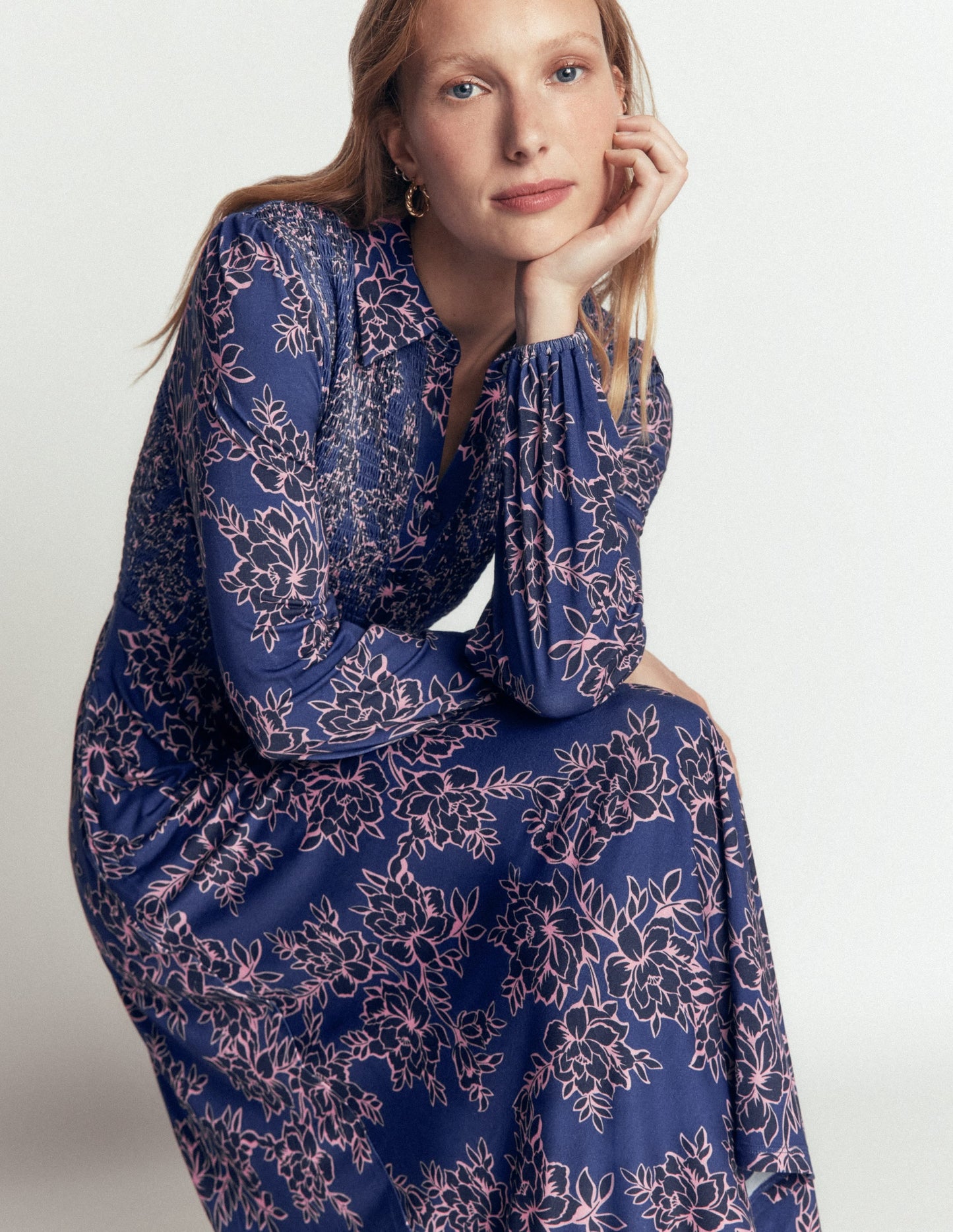 Smocked Jersey Dress-Denim Blue, Enchanted Peony