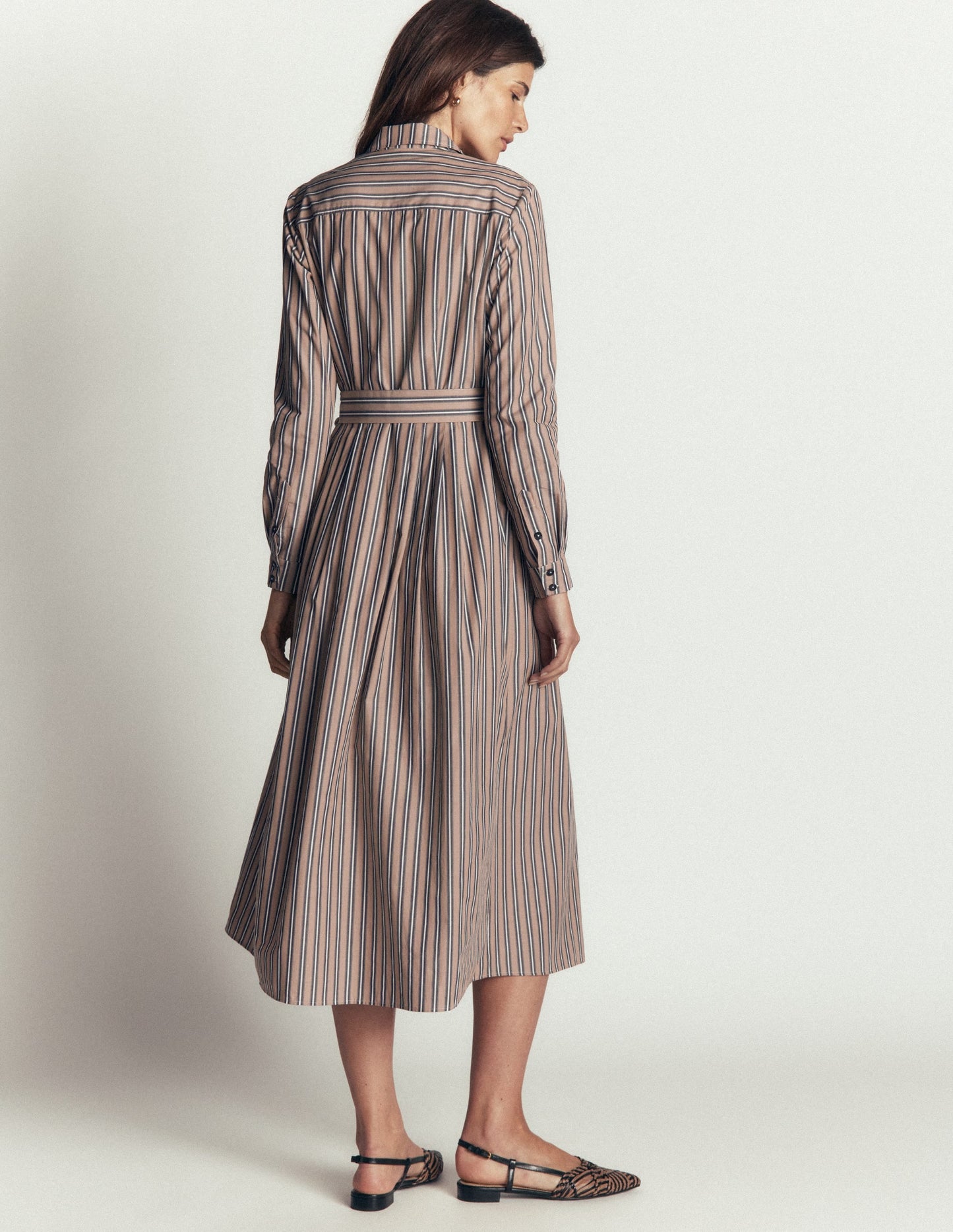 Alexa Cotton Midi Shirt Dress-Camel, Navy Tram Stripe