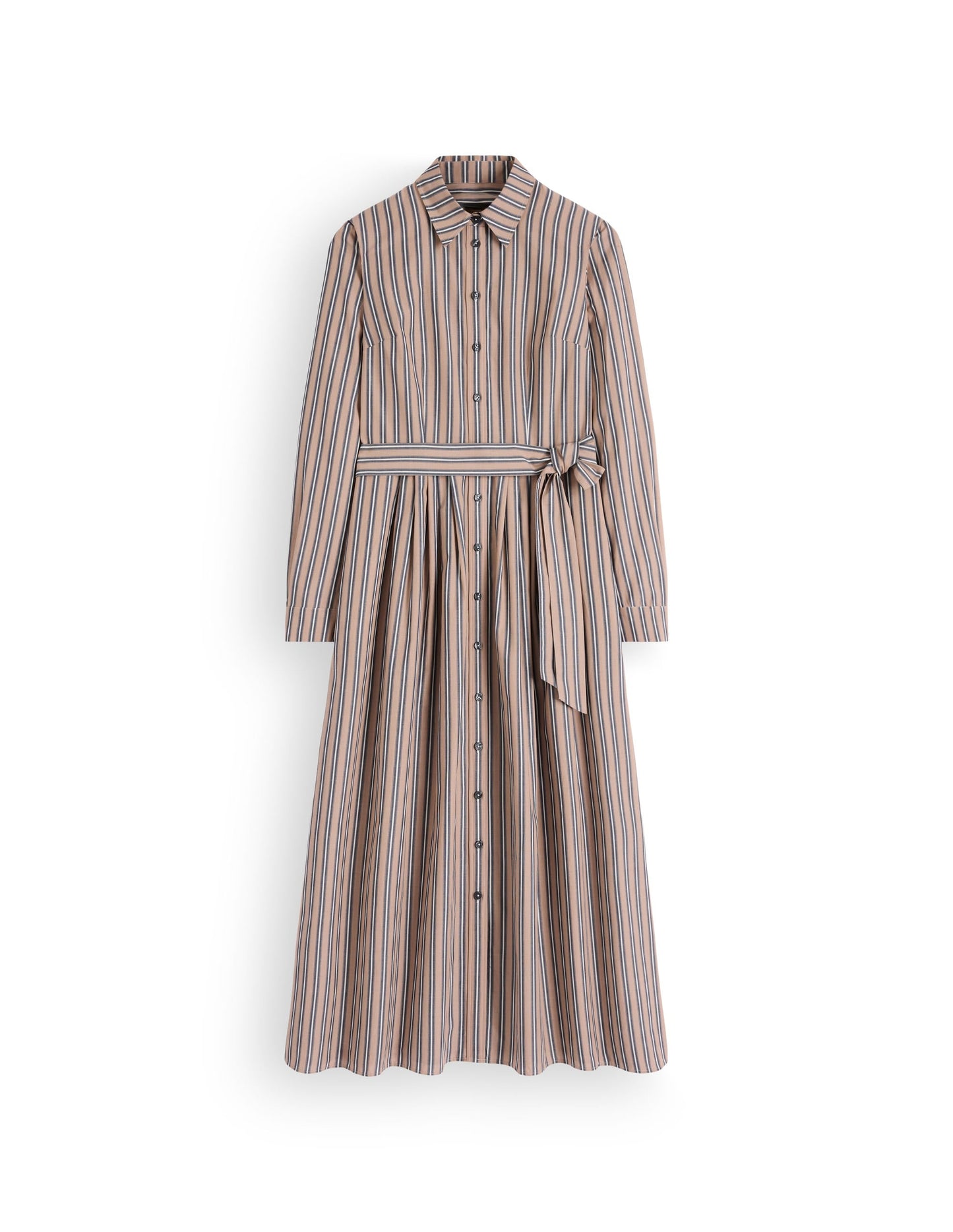 Alexa Cotton Midi Shirt Dress-Camel, Navy Tram Stripe