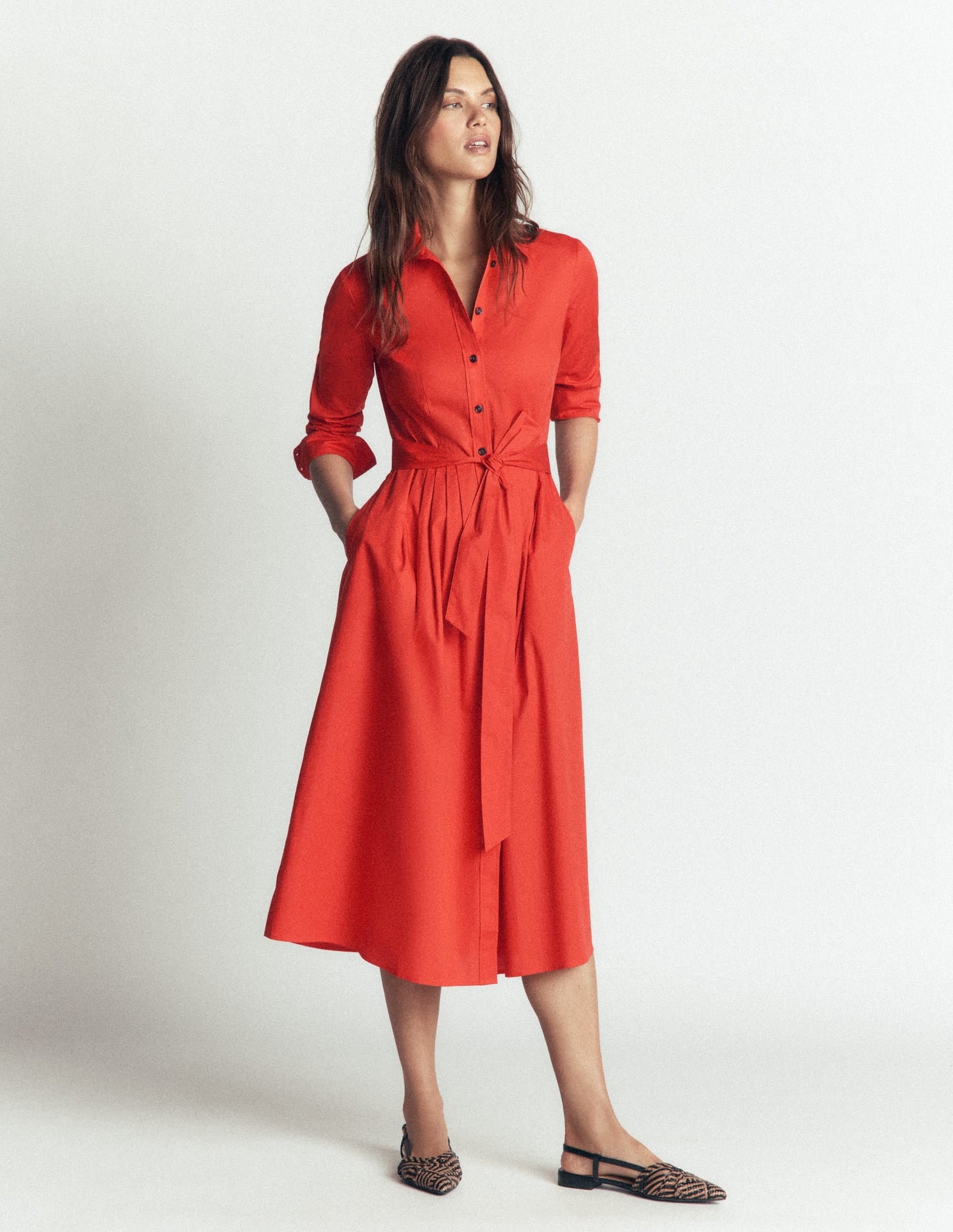 Alexa Cotton Midi Shirt Dress-Blood Orange