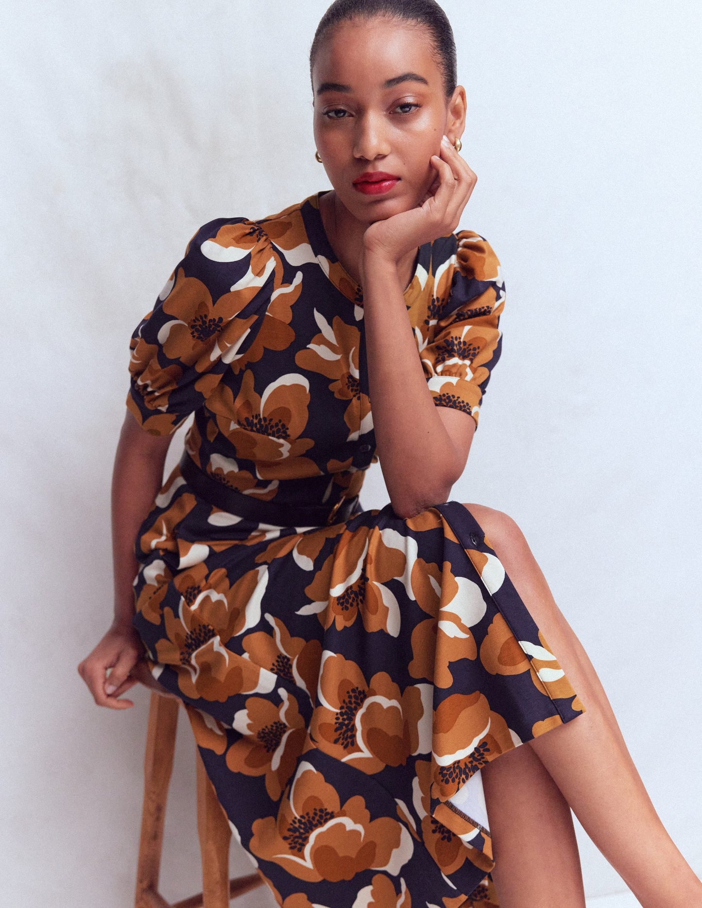 Puff Sleeve Ponte Shirt Dress-French Navy, Flowering Garden