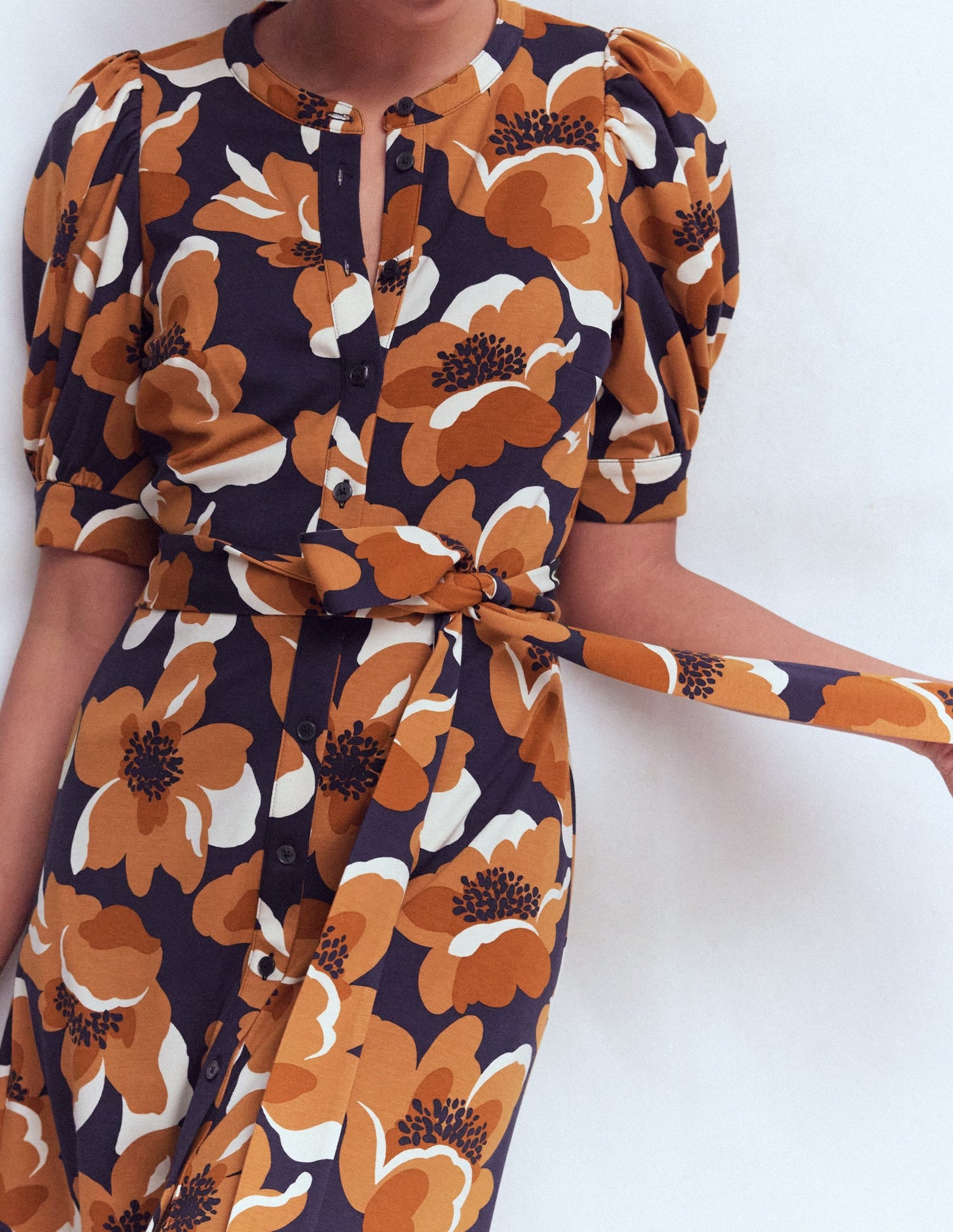Puff Sleeve Ponte Shirt Dress-French Navy, Flowering Garden